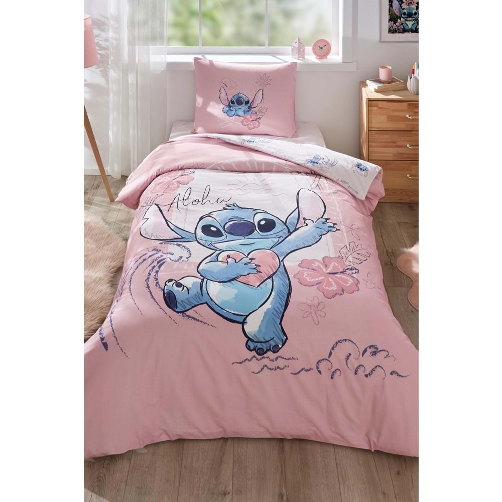 Özdilek Lisanslı Fitted Çarşaflı Tek Kişilik Çocuk Nevresim Takımı-Stitch Aloha Pembe