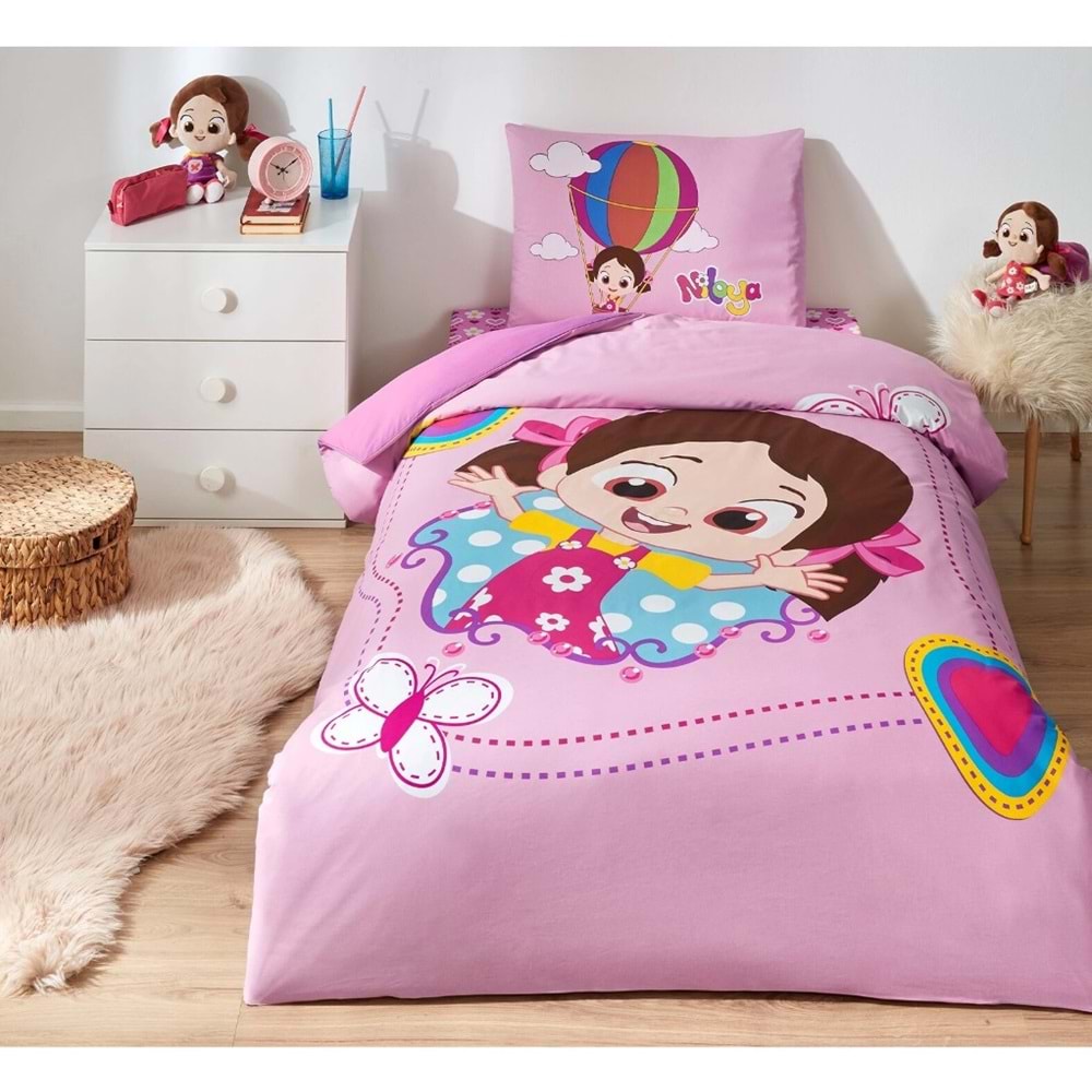 Özdilek Lisanslı Fitted Çarşaflı Tek Kişilik Çocuk Nevresim Takımı-Niloya Kelebek Pembe