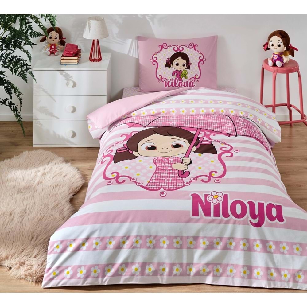 Özdilek Lisanslı Fitted Çarşaflı Tek Kişilik Çocuk Nevresim Takımı-Niloya Yağmur Pembe