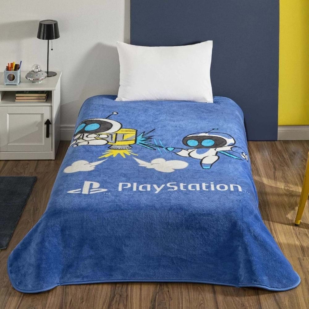 Taç Lisanslı Tek Kişilik Çocuk Battaniye (160x220)-Playstation Astrobot Mavi