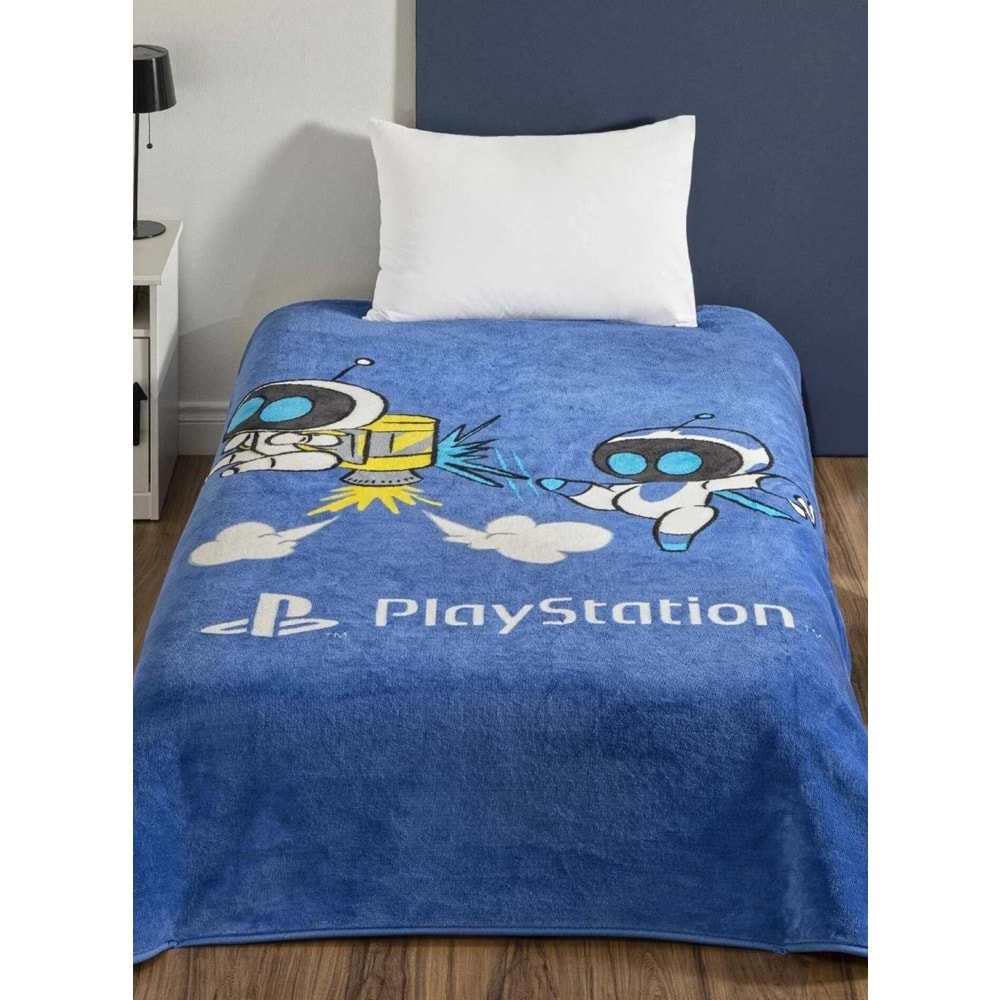Taç Lisanslı Tek Kişilik Çocuk Battaniye (160x220)-Playstation Astrobot Mavi
