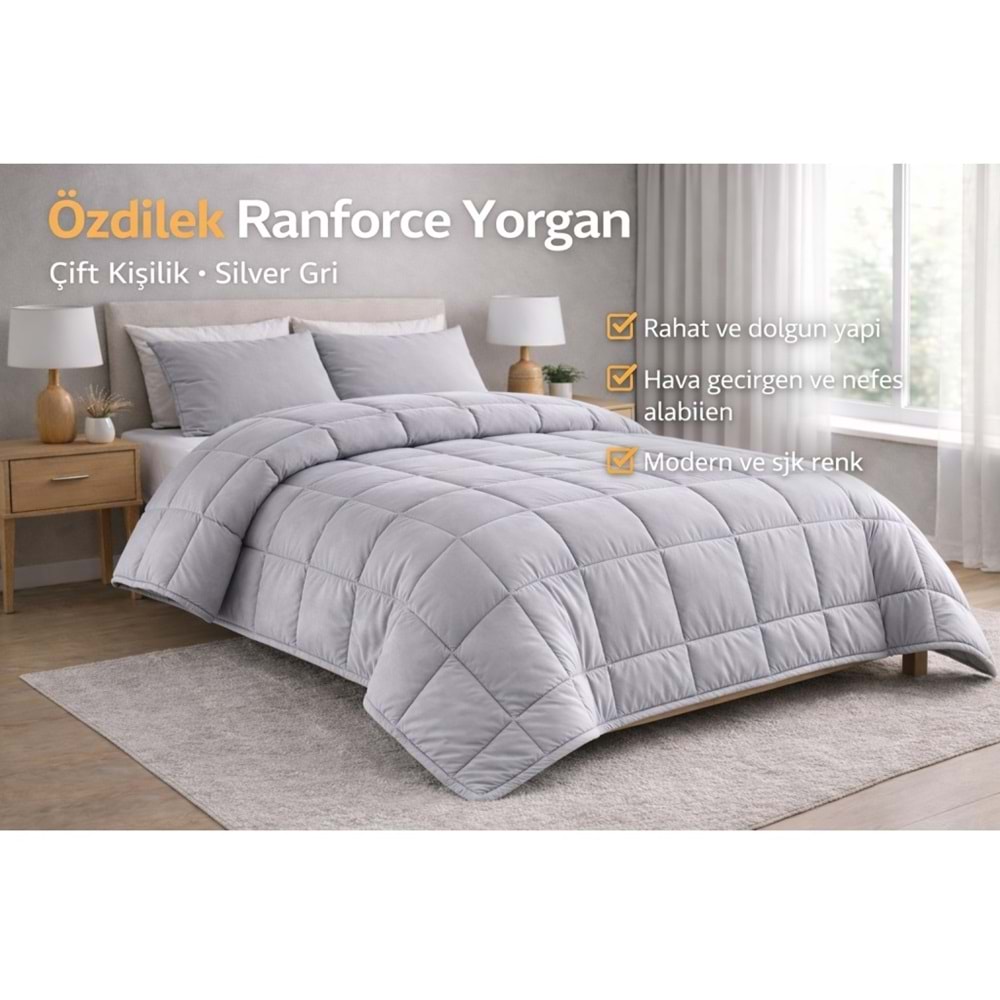 Özdilek Ranforce Pamuk Kumaş Çift Kişilik Silikon Yorgan-Silver Gri