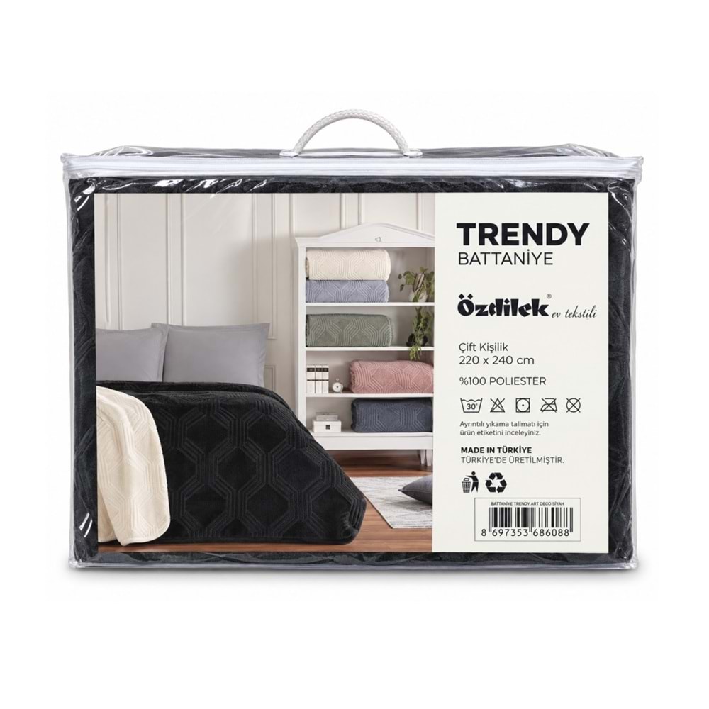 Özdilek Trendy Embos Çift Kişilik Battaniye (220x240)-Art Deco Jet Black