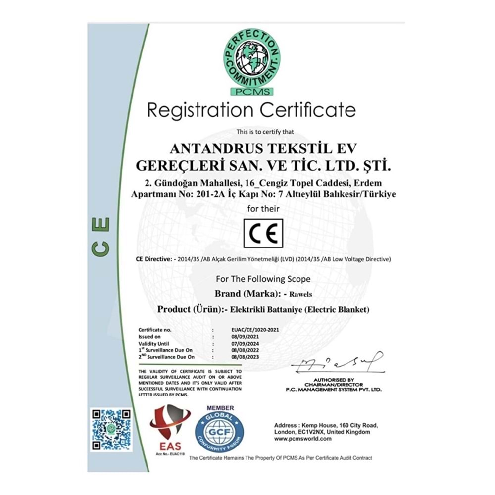 Rawels CE Kalite Belgeli Çift Kişilik Elektrikli Battaniye 120x160 - Sarıı