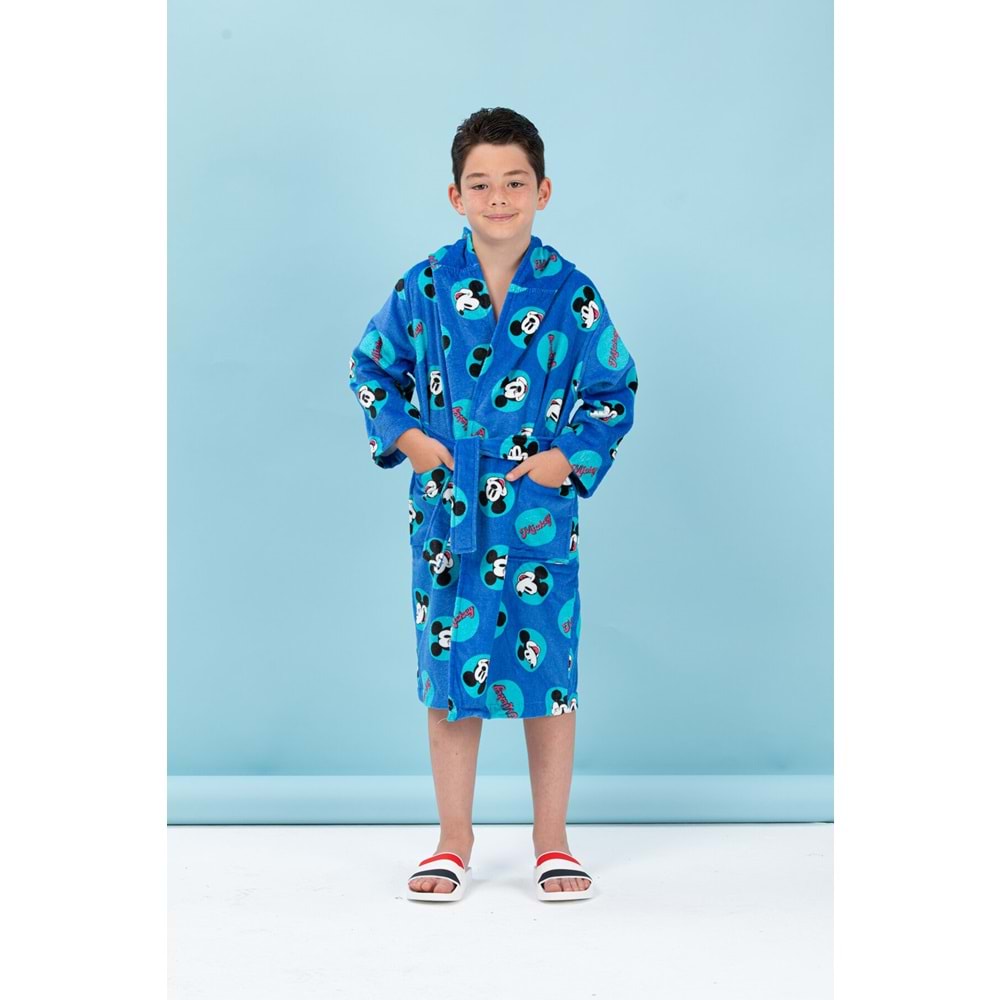 Özdilek Lisanslı Kapüşonlu Çocuk Bornozu 5/6 Yaş-Mickey Mouse Smile Mavi