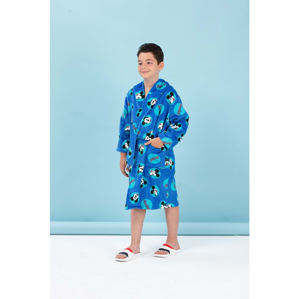 Özdilek Lisanslı Kapüşonlu Çocuk Bornozu 5/6 Yaş-Mickey Mouse Smile Mavi