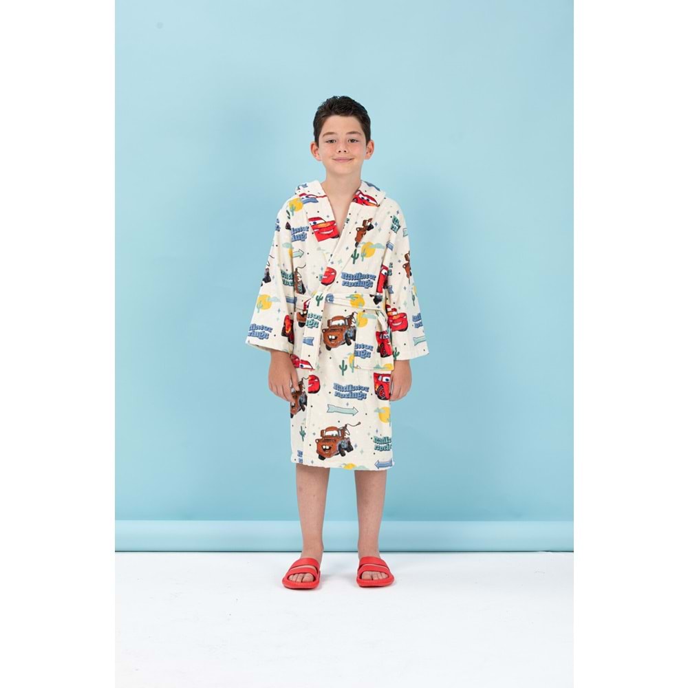 Özdilek Lisanslı Kapüşonlu Çocuk Bornozu 5/6 Yaş-Cars Springs Krem