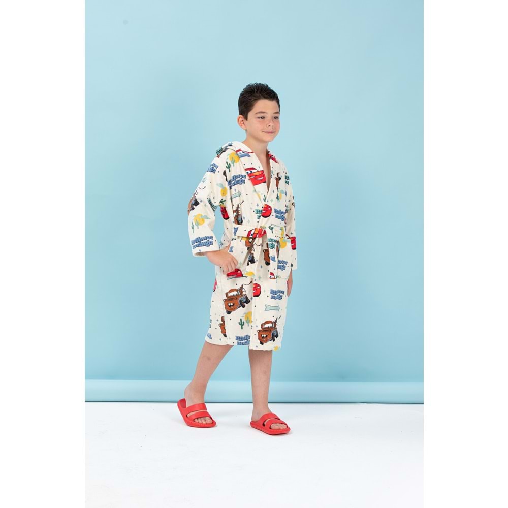 Özdilek Lisanslı Kapüşonlu Çocuk Bornozu 7/8 Yaş-Cars Springs Krem