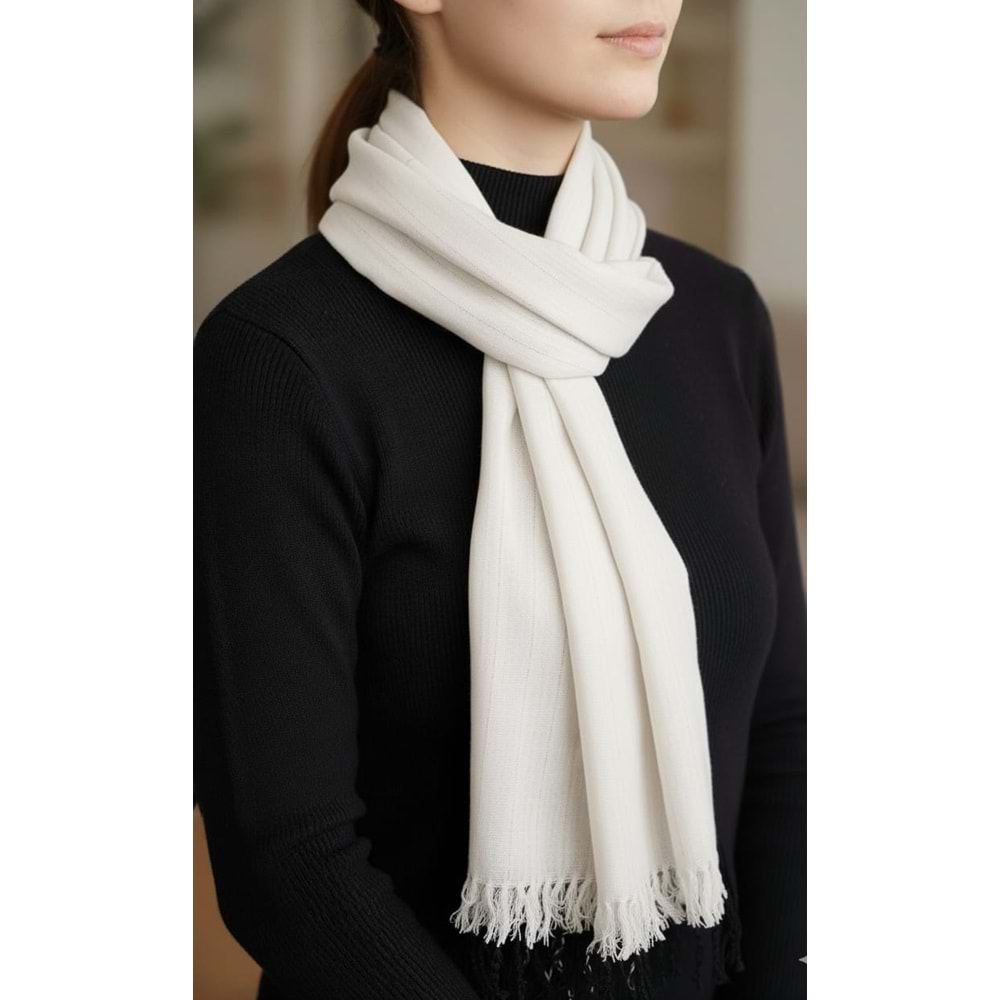 Mira Likralı Viskon El Dokuma Şal 40*199 CM / Beyaz