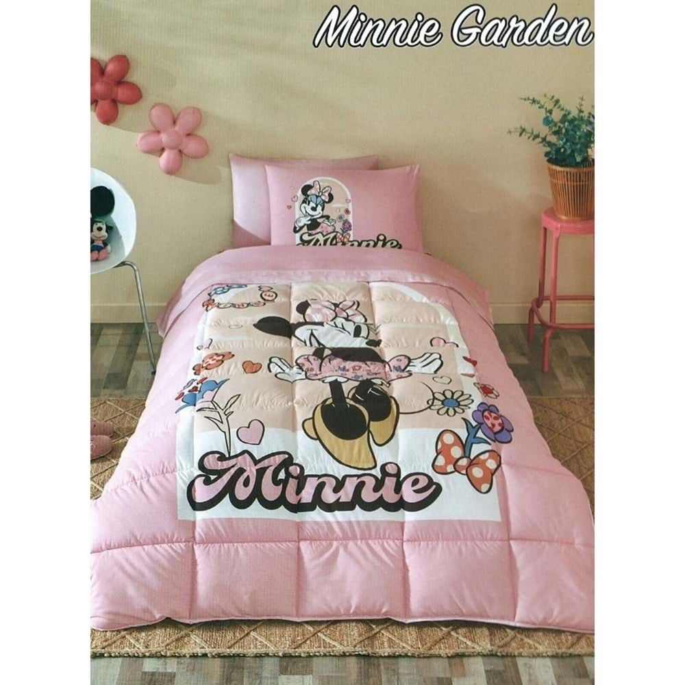 Özdilek Lastikli Çarşaflı Lisanslı Tek Kişilik Çocuk Uyku Seti-Minnie Mouse Garden Pembe