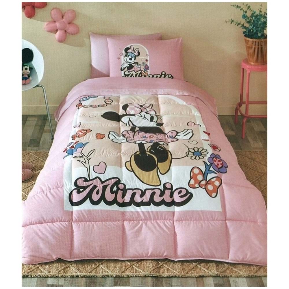 Özdilek Lastikli Çarşaflı Lisanslı Tek Kişilik Çocuk Uyku Seti-Minnie Mouse Garden Pembe