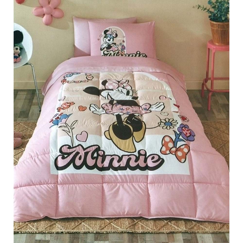 Özdilek Lastikli Çarşaflı Lisanslı Tek Kişilik Çocuk Uyku Seti-Minnie Mouse Garden Pembe