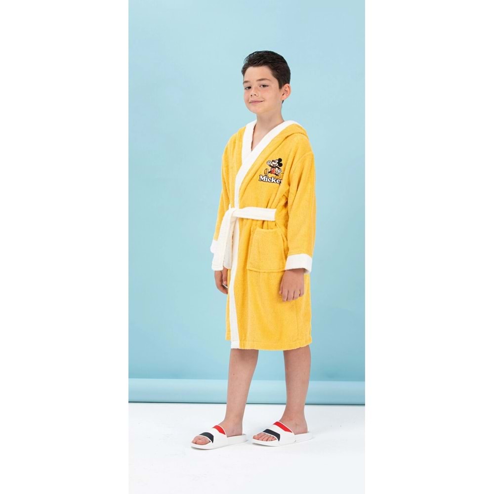 Özdilek Lisanslı Kapüşonlu Çocuk Bornozu 7/8 Yaş-Mickey Mouse Happy Sarı