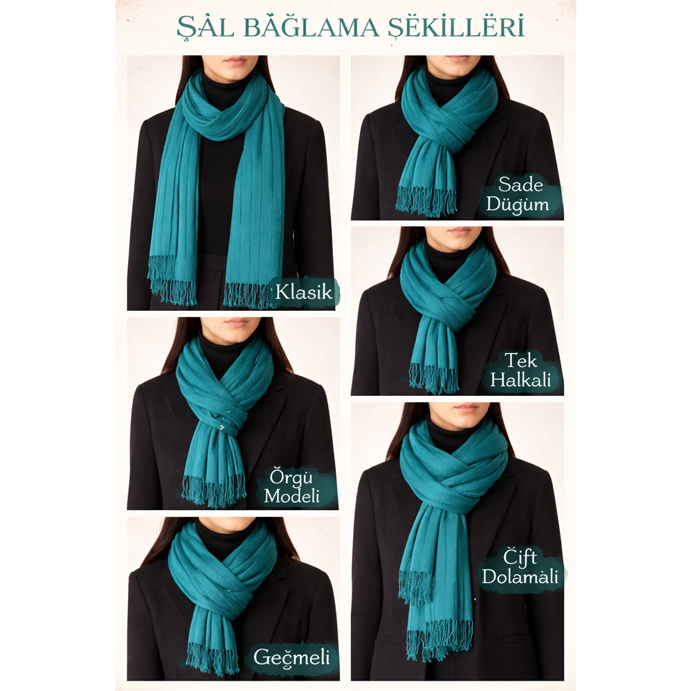 Mira Likralı Viskon El Dokuma Şal 40*199 CM TURKUAZ/ SİYAH