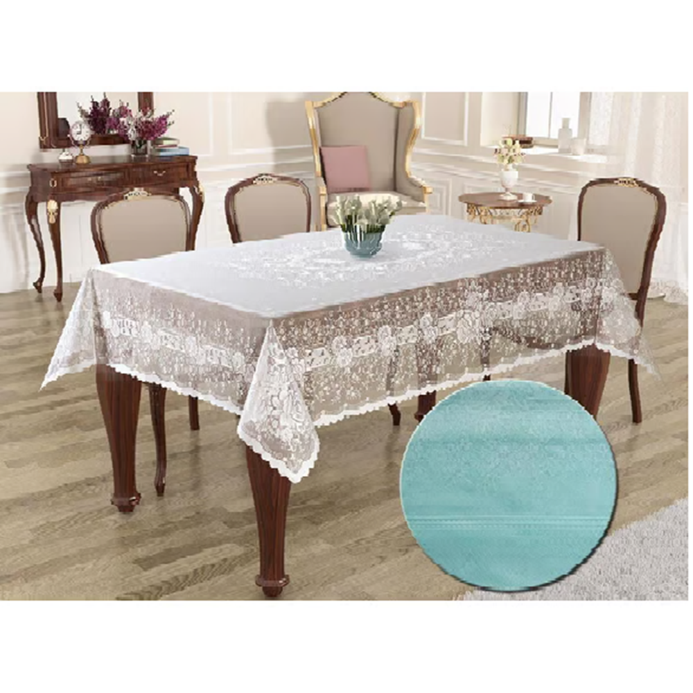 Örme Pano Desenli Masa Örtüsü Seti 160*220 SultanTurkuaz