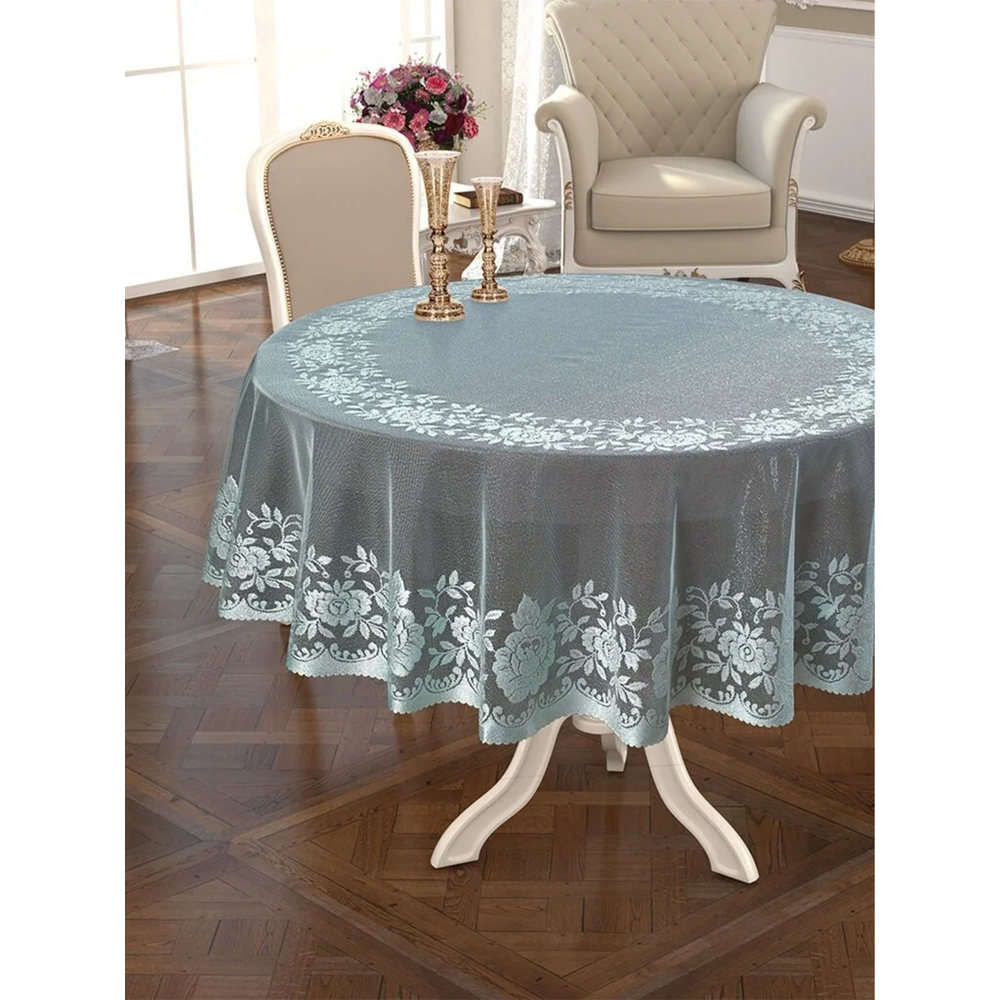 Örme Pano Desenli Masa Örtüsü 160 Q yuvarlak gül desen Narin Turkuaz