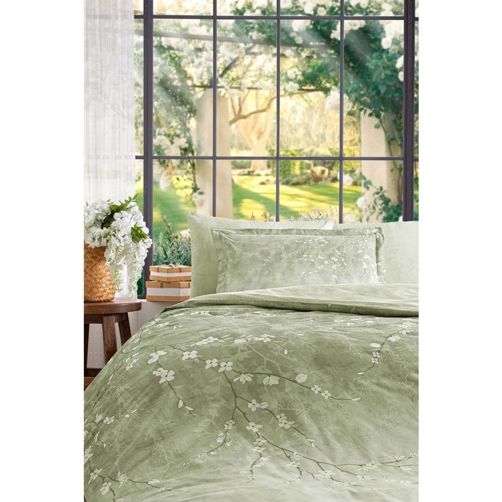 Özdilek Ranforce -White Sakura Yeşil- Lastikli Çarşaflı Battal Boy Çift Kişilik Nevresim Takımı