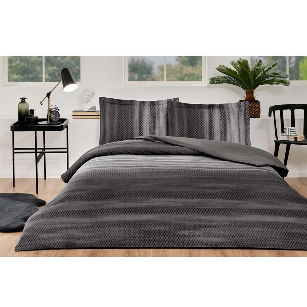 Özdilek Ranforce -Notte Antrasit- Lastikli Çarşaflı Battal Boy Çift Kişilik Nevresim Takımı