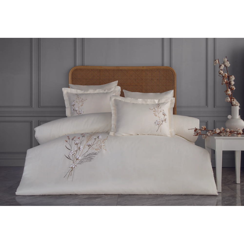 Dantela Moneda Nakışlı Pamuk Saten Çift Kişilik Nevresim Takımı-Bej