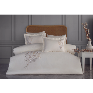 Dantela Moneda Nakışlı Pamuk Saten Çift Kişilik Nevresim Takımı-Bej