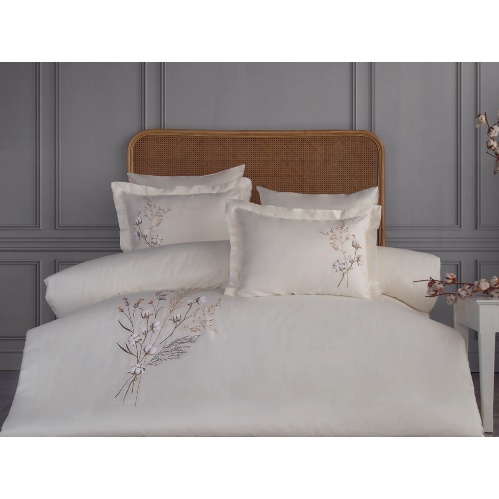 Dantela Moneda Nakışlı Pamuk Saten Çift Kişilik Nevresim Takımı-Krem