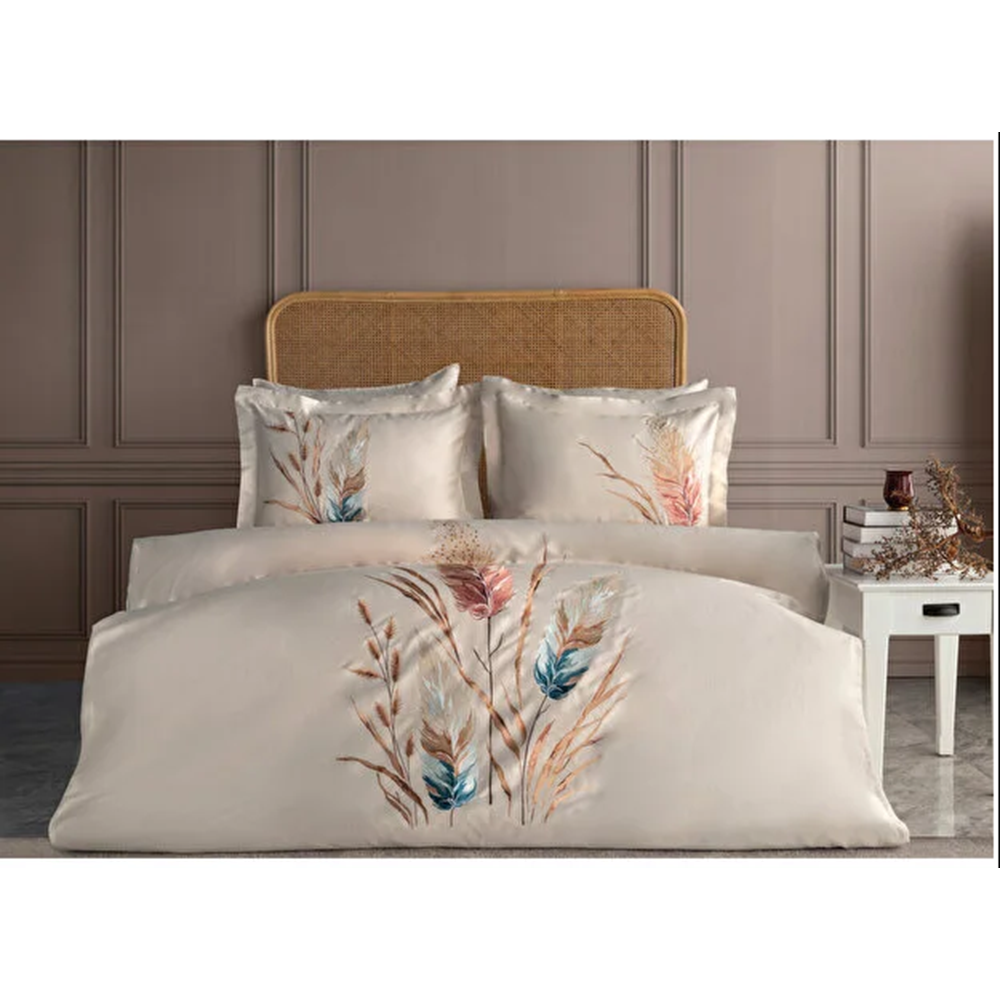 Dantela Bohem Nakışlı Pamuk Saten Çift Kişilik Nevresim Takımı -Bej