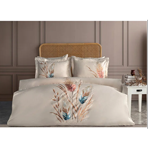 Dantela Bohem Nakışlı Pamuk Saten Çift Kişilik Nevresim Takımı -Bej