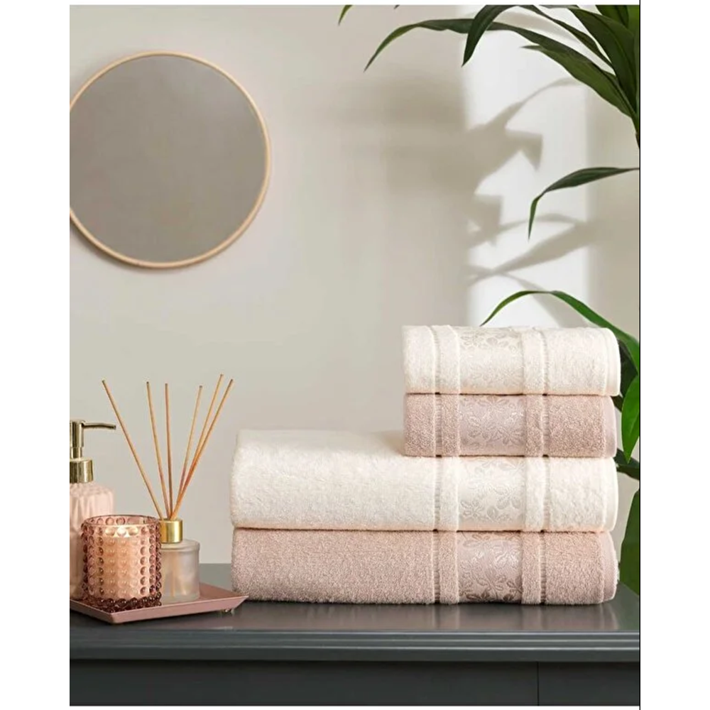 Özdilek 4 Parça Best Hamam Seti, Banyo Havlu Takımı Camellıa Bej- Krem