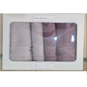 Özdilek 4 Parça Best Hamam Seti, Banyo Havlu Takımı Camellıa Gri- Mürdüm