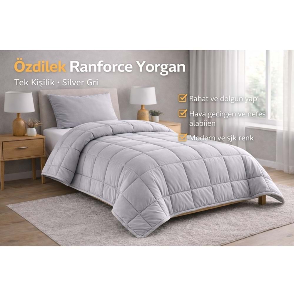 Özdilek Ranforce Pamuk Kumaş Tek Kişilik Silikon Yorgan-Silver Gri