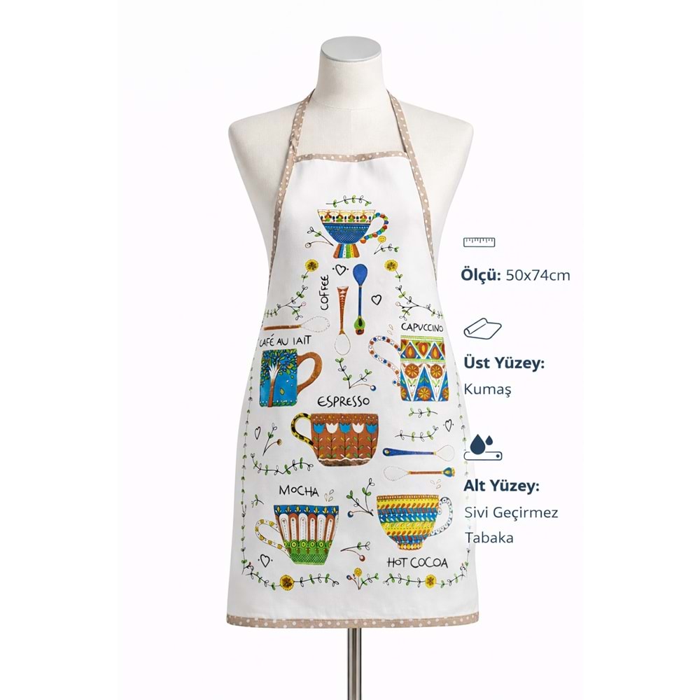 Dijital Baskılı Sıvı Geçirmez Desenli Mutfak Önlüğü - Coffee (Kahve Biyeli)