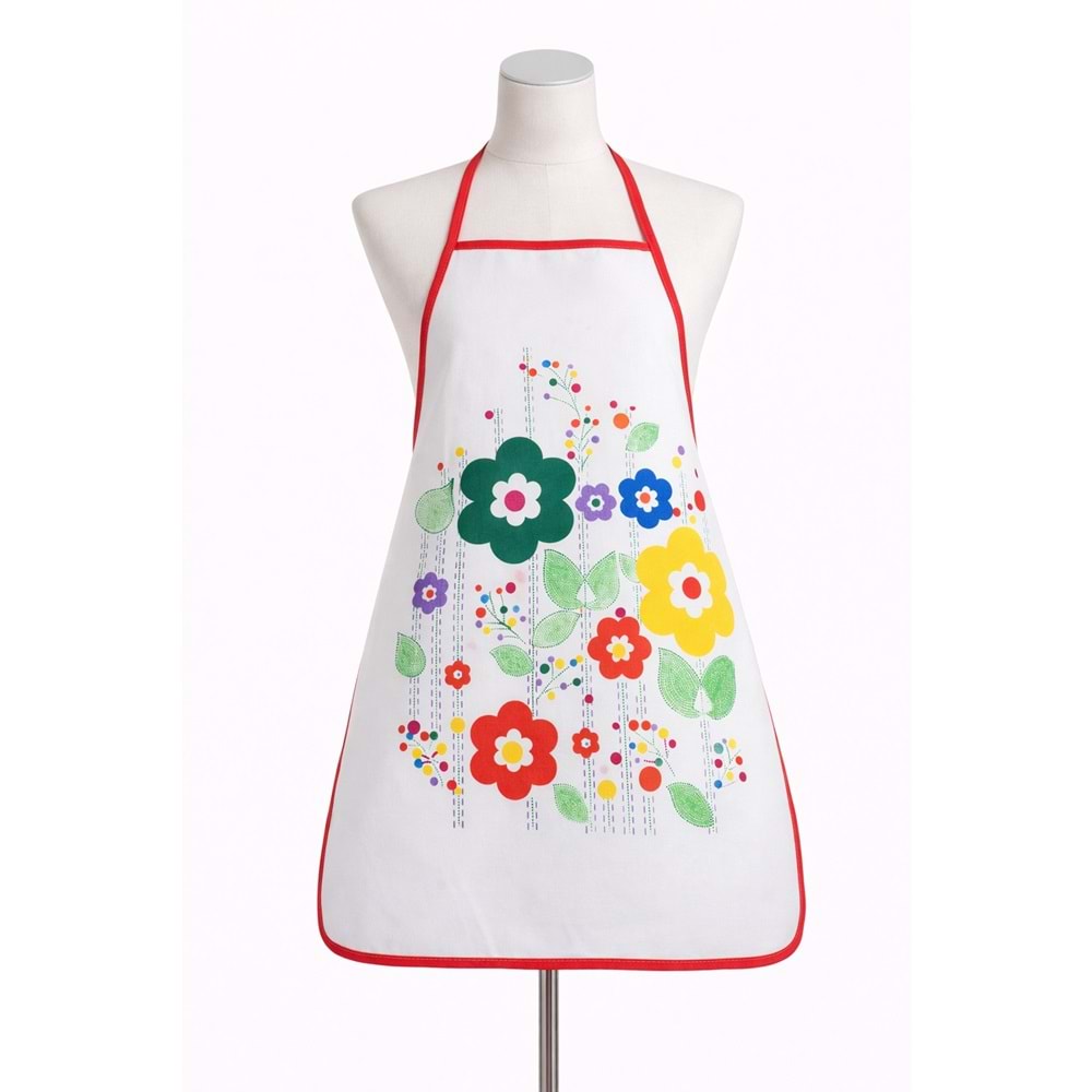 Dijital Baskılı Sıvı Geçirmez Desenli Mutfak Önlüğü - Papatya (Kırmızı Biyeli)