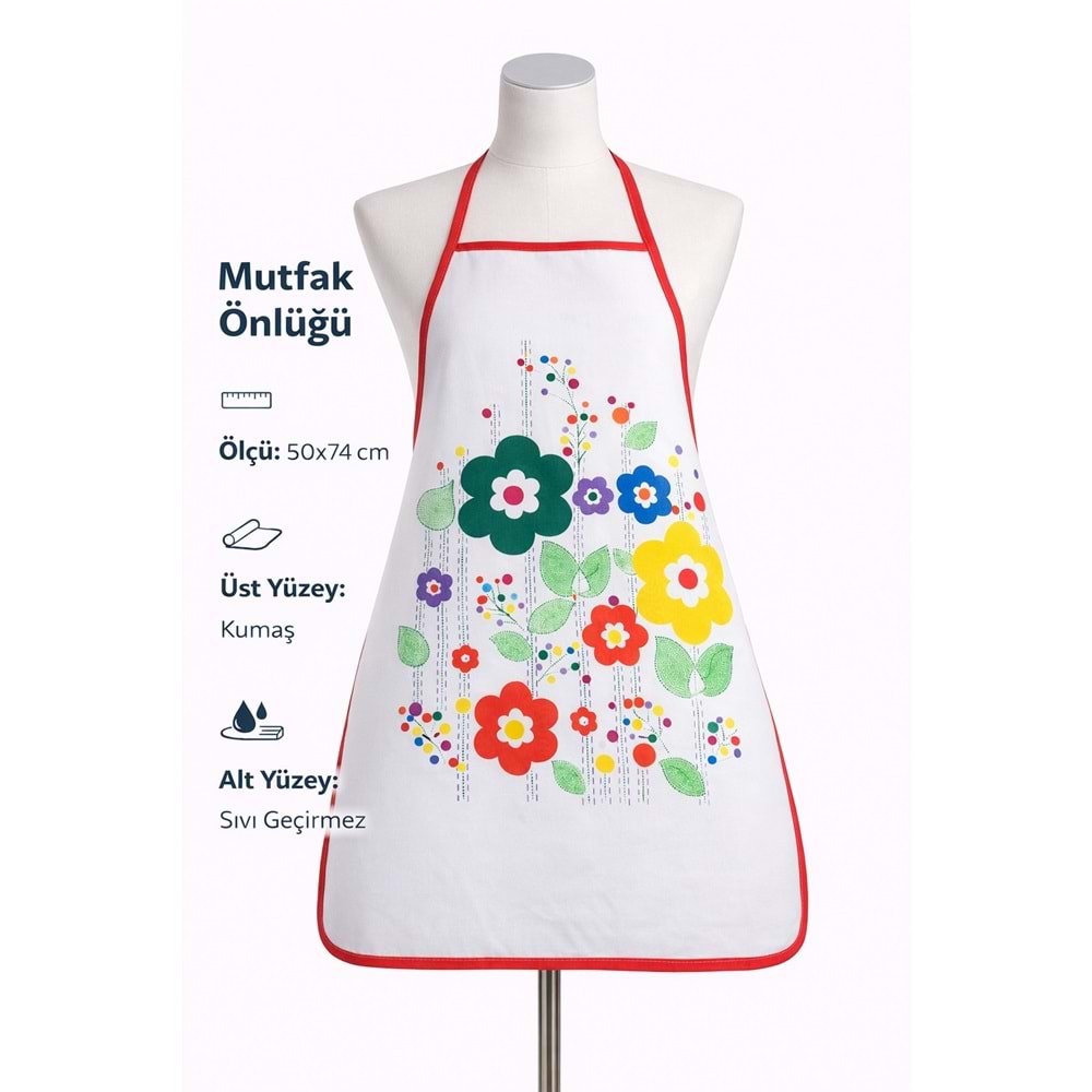 Dijital Baskılı Sıvı Geçirmez Desenli Mutfak Önlüğü - Papatya (Kırmızı Biyeli)