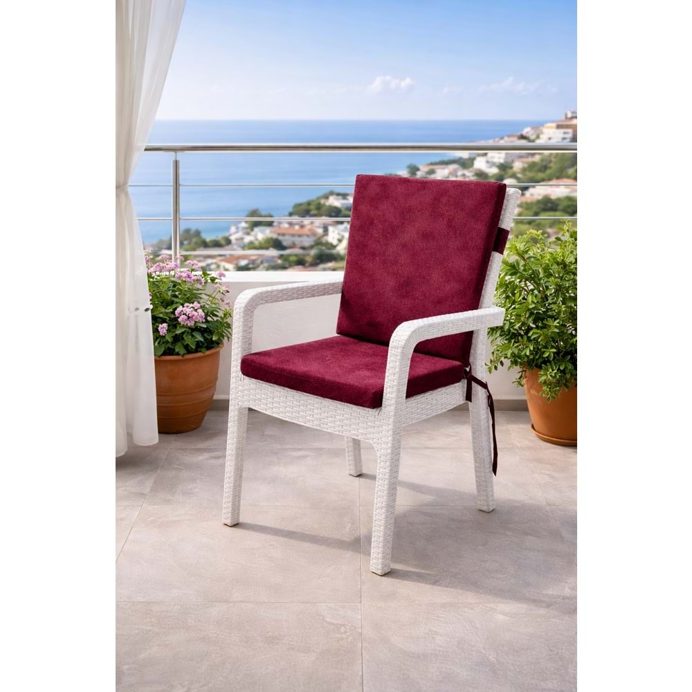6 Adet Premium Şönil Arkalıklı Sandalye Minderi, Extra Kalın (Kalınlık 4,5cm)-Bordo Düz