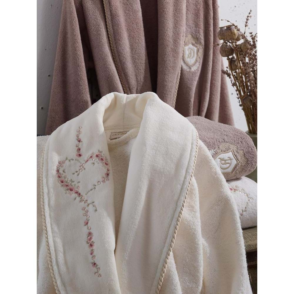 Dantela Premium Cotton Aile Bornoz Seti-Sare Krem- Bej