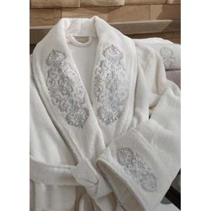 Dantela 6 Prç Nakışlı Pamuk Aile Bornoz Seti-Sarmaşık Krem- Bej