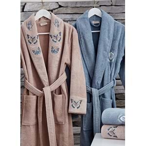 Dantela 6 Prç Nakışlı Pamuk Aile Bornoz Seti-Butterfly Soman- Mavi