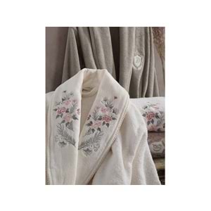 Dantela 6 Prç Nakışlı Penye Aile Bornoz Seti-Larosa Krem- bej