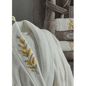 Dantela 6 Prç Nakışlı Bor Pamuk Aile Bornoz Seti-Daisy Krem- Bej