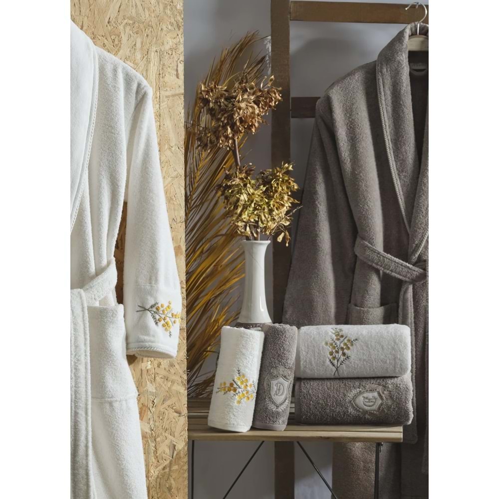 Dantela 6 Prç Nakışlı Bor Pamuk Aile Bornoz Seti-Daisy Krem- Bej