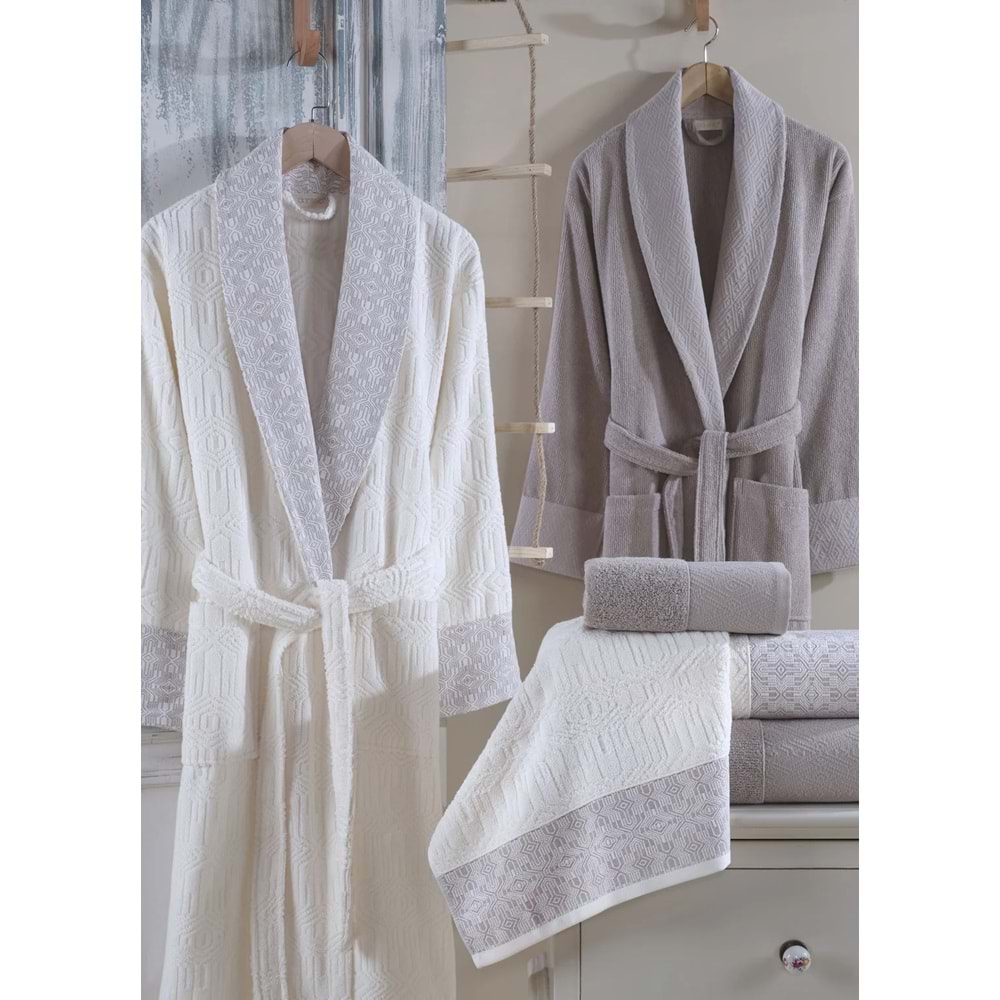 Dantela 6 Prç Jakarlı Pamuk Aile Bornoz Seti-Lal Krem- kahve