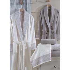 Dantela 6 Prç Jakarlı Pamuk Aile Bornoz Seti-Lal Krem- kahve