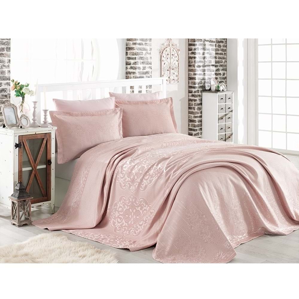 Dantela Mina Jakarlı Çift Kişilik Yatak Örtüsü Seti (260x260)-Pudra