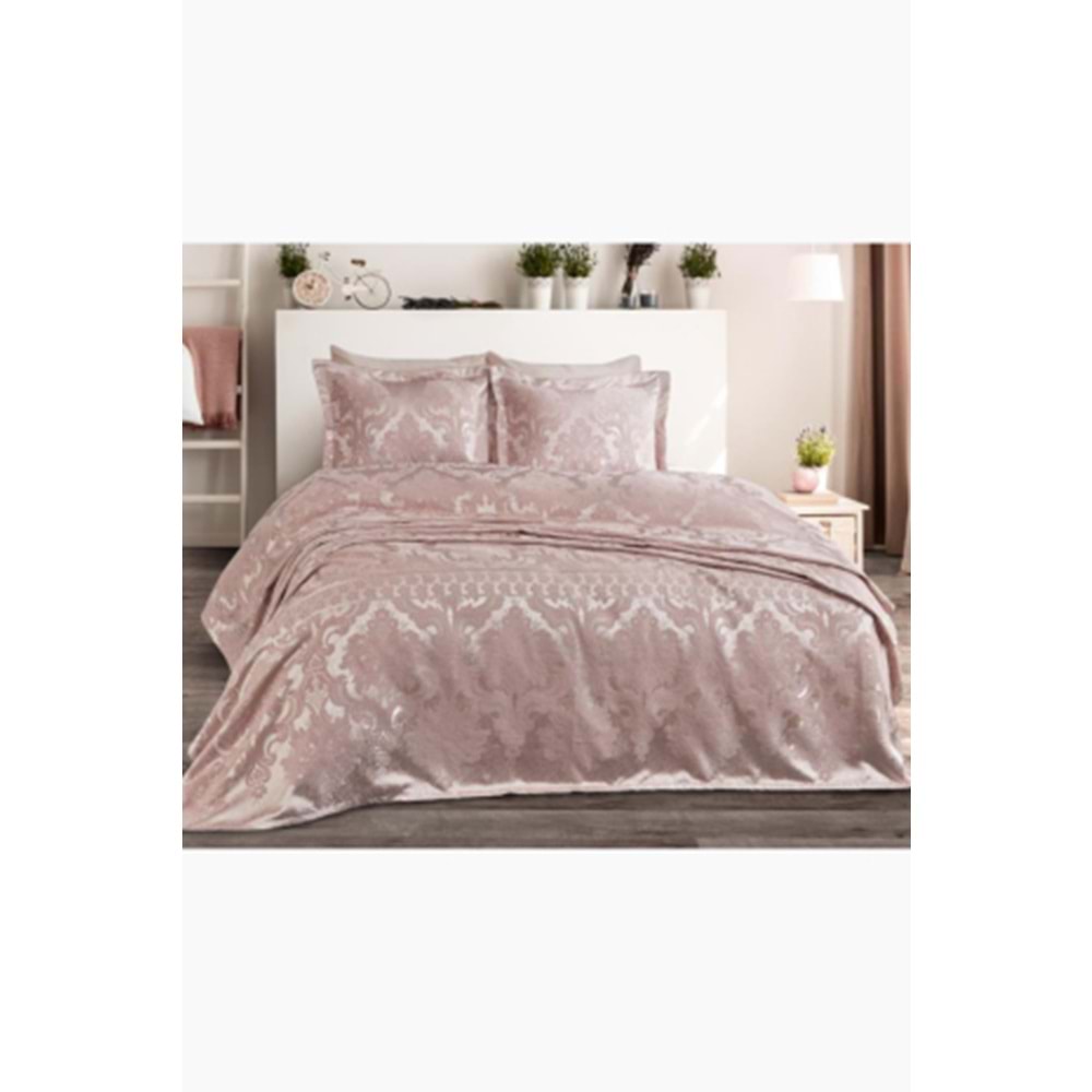 Dantela Mina Jakarlı Çift Kişilik Yatak Örtüsü Seti (250x260 pudra