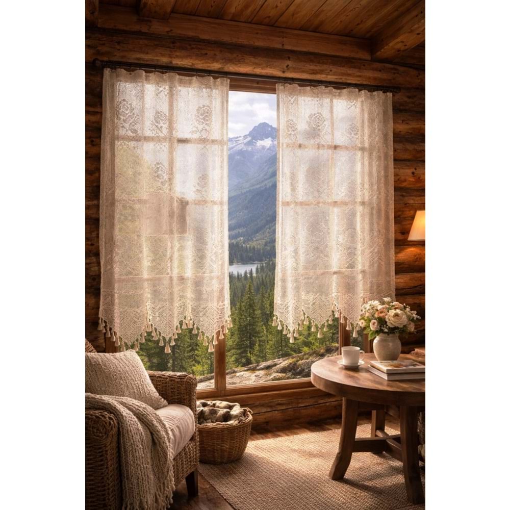 Buldan Tül Perde El İşi Dantelli Gül Desen Rustikli 2 Parcalı (150x160)