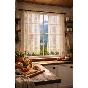 Buldan Tül Perde El İşi Dantelli Gül Desen Rustikli 2 Parcalı (150x160)