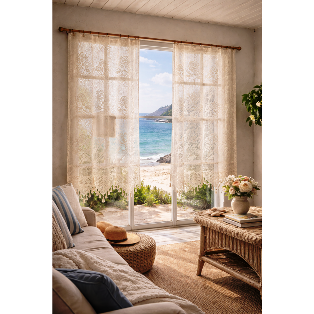 Buldan Tül Perde El İşi Dantelli Gül Desen Rustikli 2 Parcalı (150x160)