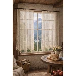 Buldan Tül Perde El İşi Dantelli Gül Desen Rustikli 2 Parcalı (150x160)