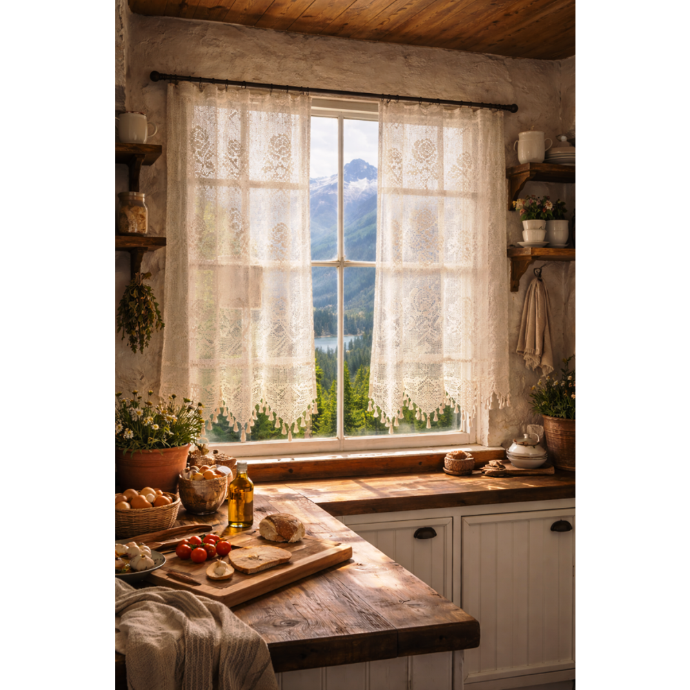 Buldan Tül Perde El İşi Dantelli Gül Desen Rustikli 2 Parcalı (175x160)