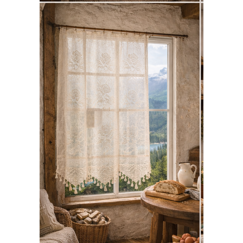 Buldan Tül Perde El İşi Dantelli Gül Desen Rustikli TEK Parcalı 100x160